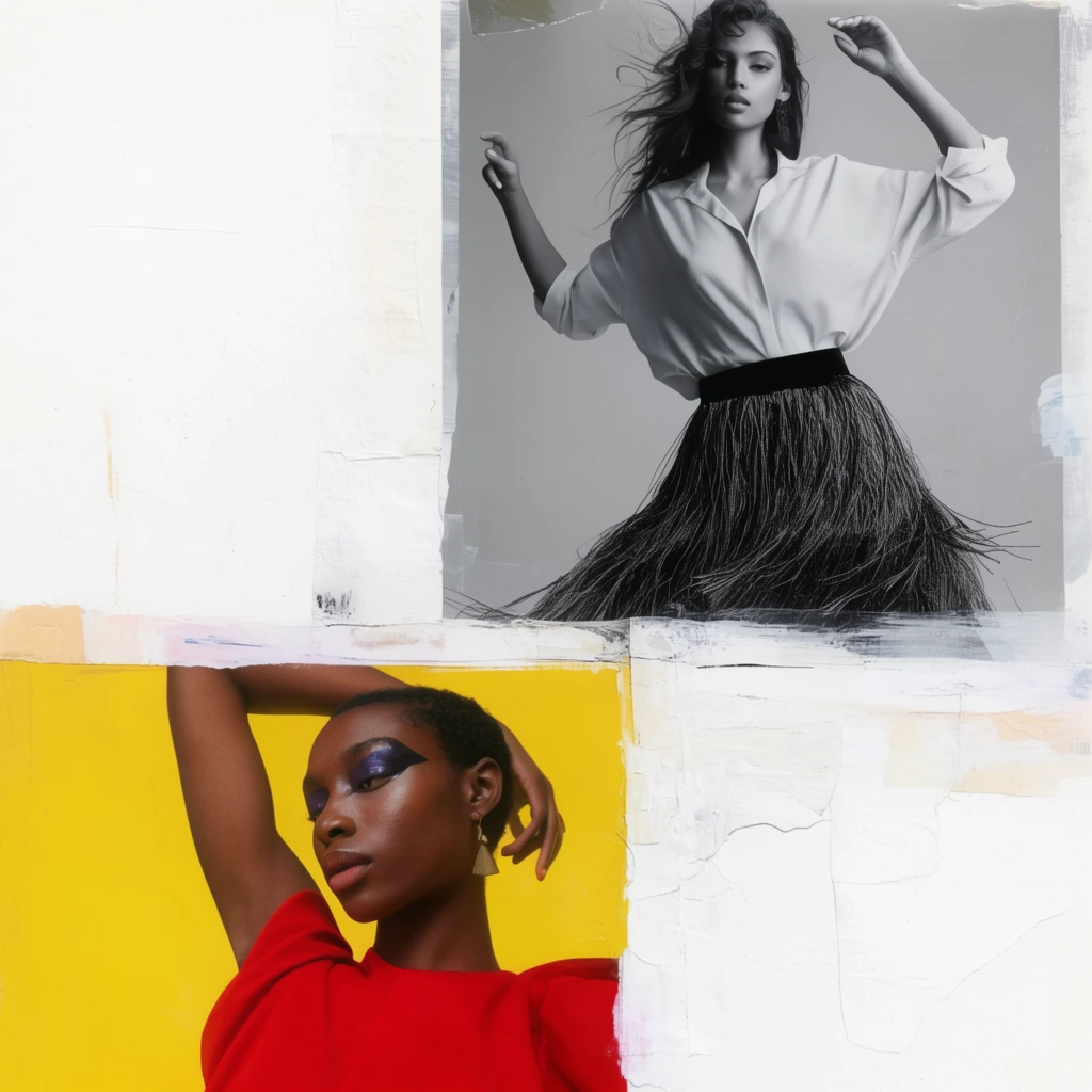 mixed media fashion collage, textured white background, upper monochrome photo of posing woman in fringed skirt, bottom left color crop of person in red top against yellow