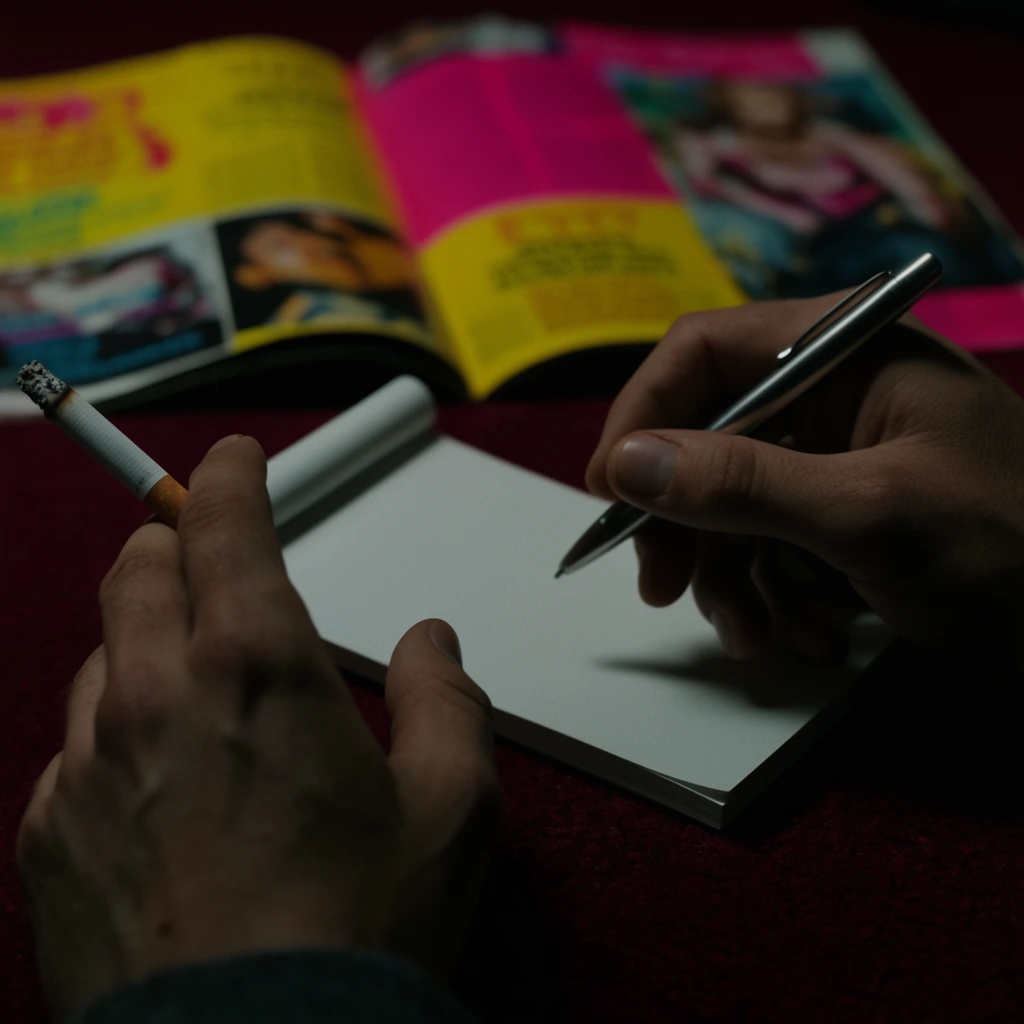 close-up of hands on a blank white notepad, right hand gripping a metallic pen, left hand holding a smoldering cigarette with ash at the tip, brightly colored open magazine with blurred blocks of vibrant yellow and bold pink in the background, dark crimson textured surface, moody cinematic lighting, shallow depth of field, low-key illumination, deep shadows, gritty neo-noir aesthetic