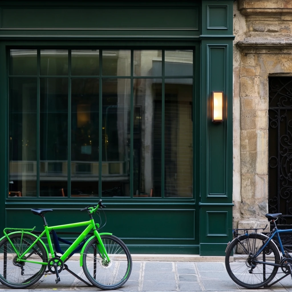 A dark green, classic wooden storefront facade features a large multi-paned glass window reflecting the urban environment. The architecture includes decorative molding and a rectangular warm-toned wall sconce on the right pillar. In the foreground, two parked bicycles rest on a paved sidewalk. The prominent bicycle on the left is a vibrant neon green, creating a striking color contrast against the deep green building. To the right, a weathered stone wall with a dark wrought iron doorway stands adjacent. The scene is captured in natural daylight with a straight-on perspective, emphasizing geometric symmetry and a sophisticated atmosphere.