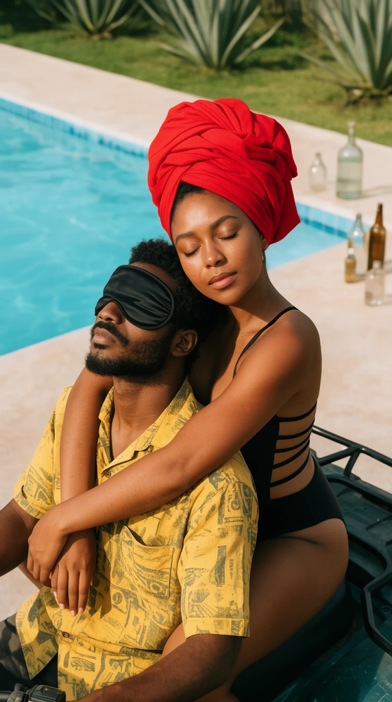 A man and woman rest on a parked all-terrain vehicle beside a bright swimming pool. The man leans back wearing a black sleep mask and a yellow patterned shirt. A woman in a black strappy swimsuit and large red head wrap embraces him from behind, resting her head on his shoulder. Both have their eyes closed. The sunny background features green grass, agave plants, and glass bottles. The image is shot with cinematic framing, warm natural sunlight, and a shallow depth of field.