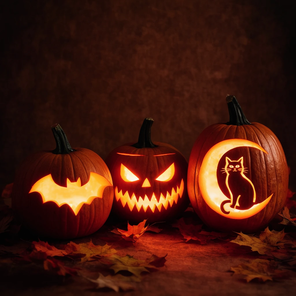 Three illuminated jack-o'-lanterns rest on scattered autumn leaves in a dim setting. The glowing pumpkins feature carvings of a bat, a jagged-toothed face, and a cat on a crescent moon, radiating intense warm orange light against a dark, textured brown backdrop.