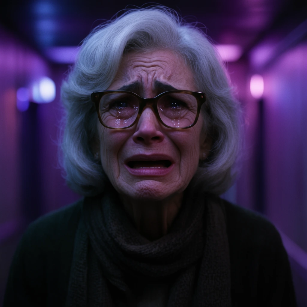 elderly woman with silver hair, thick glasses, deeply distressed crying expression, dimly lit neon-purple corridor, cinematic lighting, shallow focus