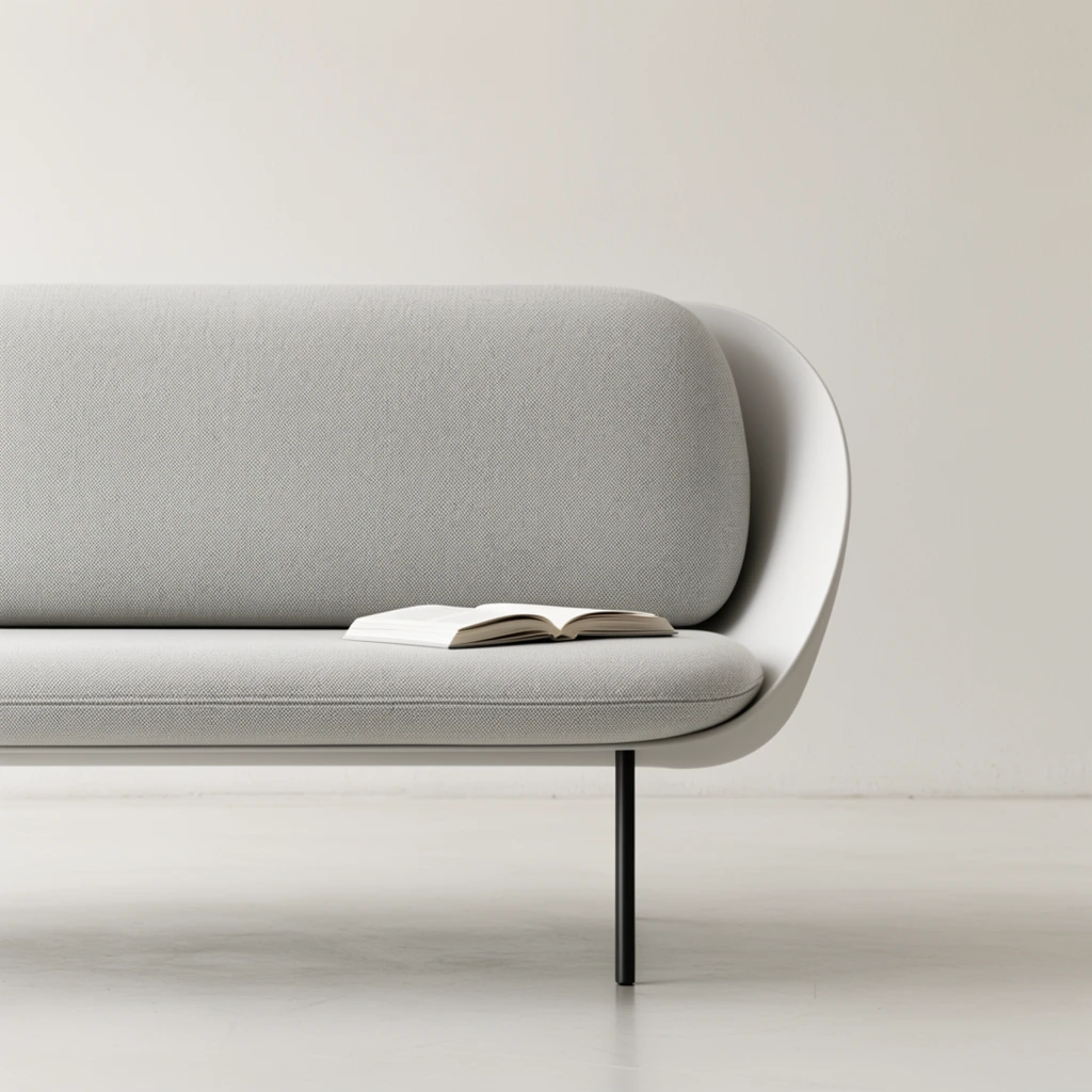 minimalist light grey sofa, textured fabric cushion, curved smooth shell, single black metal leg, open book on seat, plain off-white wall, smooth pale floor, soft diffused lighting, monochrome palette