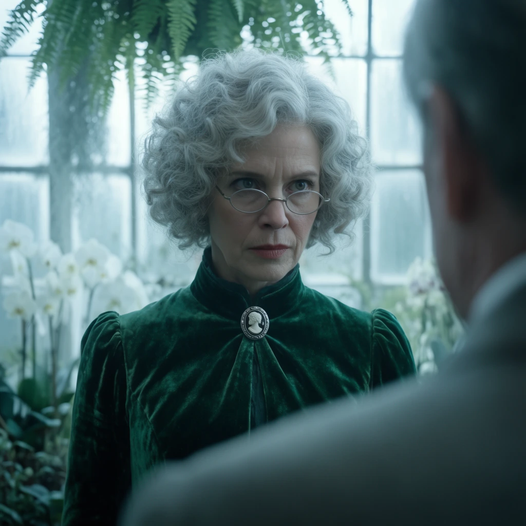 An over-the-shoulder shot of a woman with thick, curly silver hair and wire-rimmed glasses staring sharply at a blurred figure in the foreground. She wears a high-collared, emerald-green velvet dress pinned with a silver cameo brooch. The setting is a brightly lit, cool-toned botanical conservatory. Diffused daylight filters through frosted glass panes, illuminating hanging ferns and white orchids in soft focus in the background. The cinematic composition features a shallow depth of field and a wide aspect ratio, emphasizing the crisp texture of the velvet and the woman's piercing gaze against the luminous, hazy greenhouse interior.