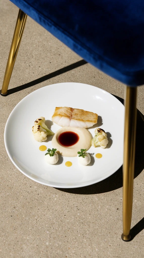minimalist fine dining dish on a large white plate, seared white fish fillet, pale puree centered with dark reddish sauce, three white quenelles topped with micro-herbs, charred cauliflower florets, yellow gel drops, resting on textured beige concrete, creatively framed through out-of-focus metallic gold chair legs, deep blue velvet at top edges, high-angle perspective, hard direct sunlight, sharp striking shadows, high-end culinary photography