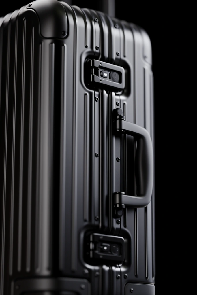 A close-up studio shot of a sleek, black hard-shell suitcase featuring prominent vertical grooves. The side profile is in sharp focus, showcasing a contoured black carrying handle securely mounted between two rectangular locking mechanisms. Small, precise black rivets and recessed channels detail the hardware. The satin-finished material reflects soft, dramatic light, set against a pure black background. Captured with a shallow depth of field, the top and bottom edges fade into a soft blur. The directional lighting catches the raised ridges, creating stark highlights and deep shadows that emphasize the industrial, modern design and robust textures of the luggage.