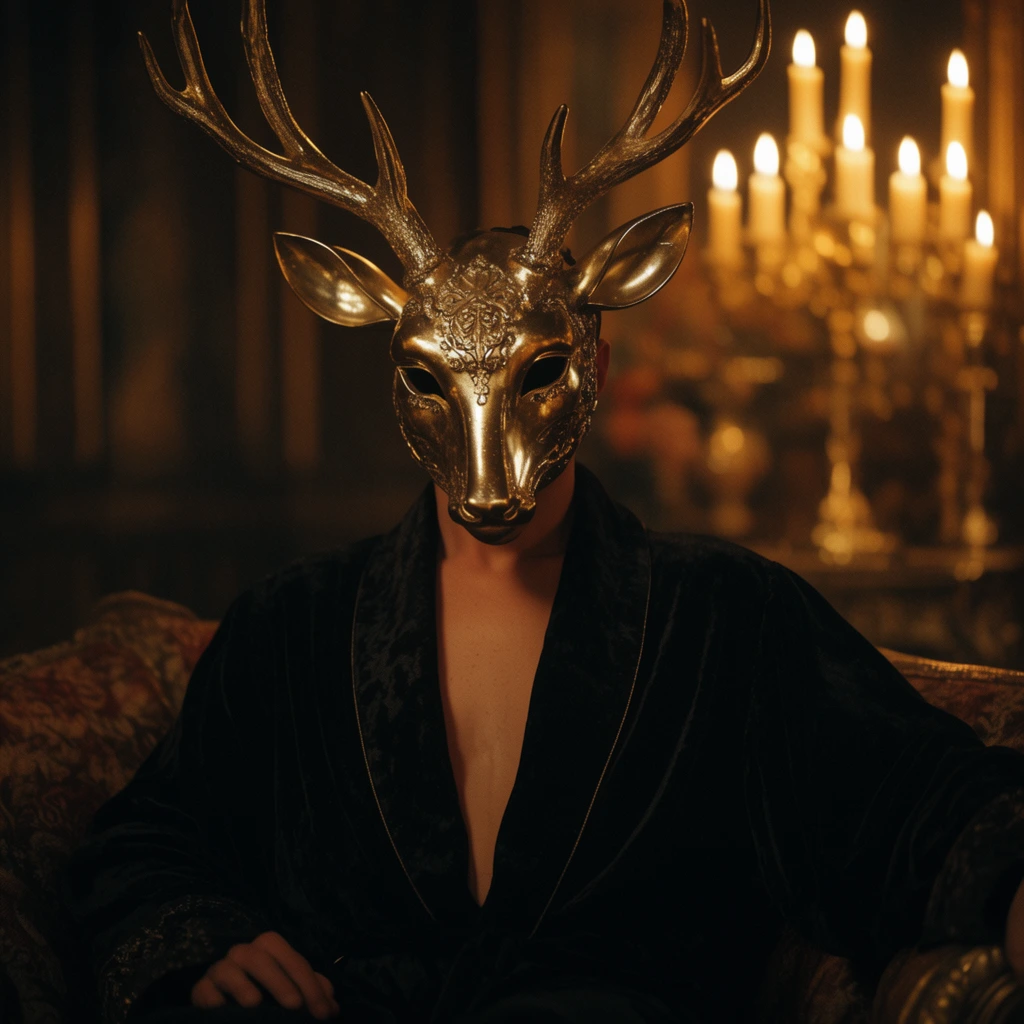 A seated figure wearing an ornate metallic golden deer mask with tall antlers and a black velvet robe open at the neck. The dimly lit, opulent room features heavily blurred glowing candles from a background candelabra. The cinematic composition utilizes a shallow depth of field, heavy shadows, and warm golden ambient lighting.