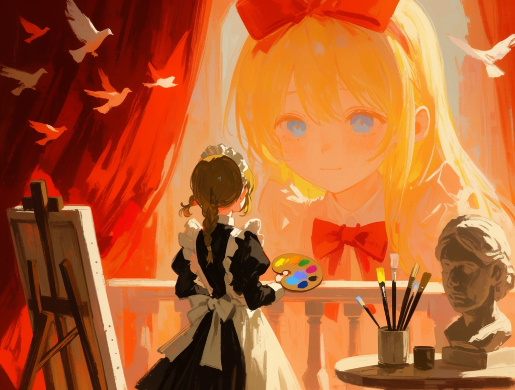 A surreal, painterly illustration of a massive, translucent blonde anime girl with blue eyes and a red bow looming over a miniature girl in a black and white maid outfit holding a palette. The small artist stands on a balcony near an easel, paintbrushes, and a sculpted bust. Thick red curtains frame the left side as stylized white doves fly through the warmly lit, dreamlike scene rendered with expressive, textured brushstrokes and deep orange shadows.