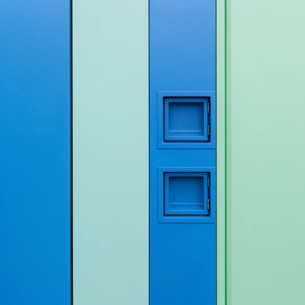 Vertical matte panels shifting from cerulean blue to pale mint green, two small stacked square recessed hatches on a blue strip, minimalist geometric composition, hard-edge abstraction, flat even lighting