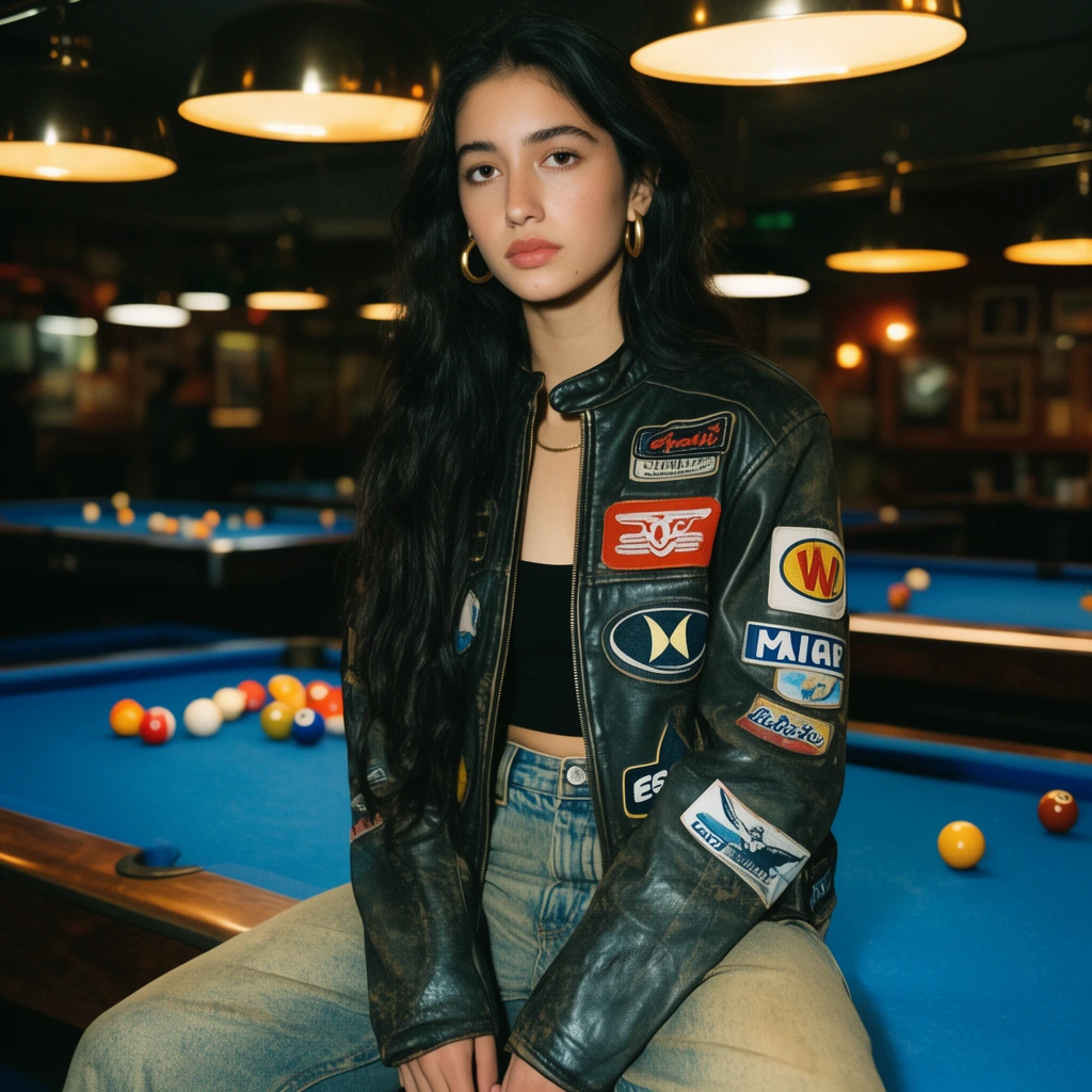 young woman sitting on blue pool table, wearing vintage patched leather racing jacket, black crop top, faded jeans, gold hoops, long dark hair, dimly lit pool hall, blue felt billiard tables with scattered balls, warm overhead lights, shallow depth of field, cinematic portrait