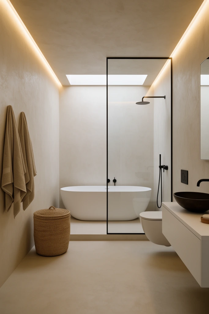 minimalist bathroom interior, freestanding white oval bathtub, glass shower panel with thin black frame, matte black fixtures, warm linear cove lighting along ceiling, skylight over shower, beige textured plaster walls, seamless floor, woven wicker hamper, draped beige towels, floating white vanity with dark bowl sink, wall-mounted toilet, serene neutral color palette, soft diffused lighting, architectural interior photography, clean lines
