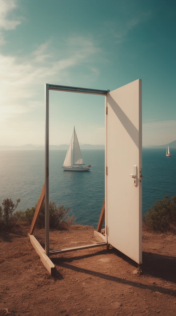 A freestanding white door in a metal frame stands open on a dry cliff edge overlooking a vast blue ocean. Supported by simple wooden crossbeams on the arid dirt, the solid door swings open to the right, casting a sharp diagonal shadow. The open doorway perfectly frames a distant white sailboat on the calm water, while a second sailboat drifts far to the right. Sparse green shrubs dot the brown foreground. Hazy mountains stretch across the horizon under a light blue sky with wispy clouds. The cinematic landscape photograph features warm sunlight from the left and a vintage teal-and-orange color grading, emphasizing the surreal juxtaposition of a standalone architectural threshold in an expansive natural environment.