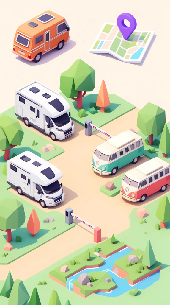 A stylized isometric 3D illustration of a campground features modern recreational vehicles and vintage camper vans parked among blocky geometric trees. A sandy pathway winds through grassy patches, occupied by sleek white RVs and two-tone vintage campers near automated boom barriers. Beside the main scene, floating isolated assets display an orange camper, a map with a purple location pin, and a miniature river landscape. The clean, low-poly composition utilizes an orthographic perspective, a soft pastel palette of mint green, peach, and coral, and smooth flat lighting with gentle drop shadows.