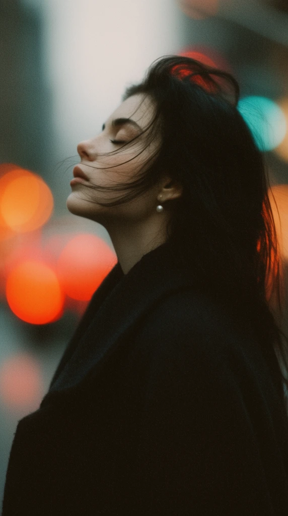 Cinematic profile portrait of a woman with closed eyes and head tilted back, dark hair blowing across her pale skin. She wears a heavy black coat and a small pearl earring. Shot with a shallow depth of field and heavy film grain, the background melts into an urban dusk defined by large luminous bokeh circles in glowing orange, red, and teal.