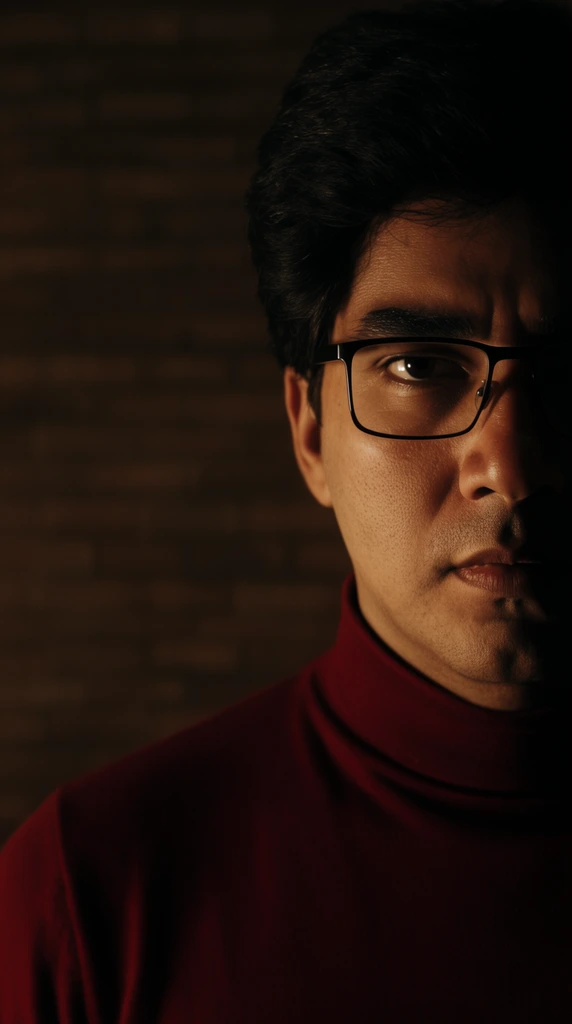 A man with thick dark hair and rectangular glasses stares intensely from the right side of a widescreen frame. He wears a dark crimson turtleneck. Dramatic, low-key lighting casts half his face into deep shadow, creating a stark chiaroscuro effect against a dimly lit brick wall. The cinematic close-up uses warm, high-contrast illumination to build tension, leaving the left side of the composition entirely empty.