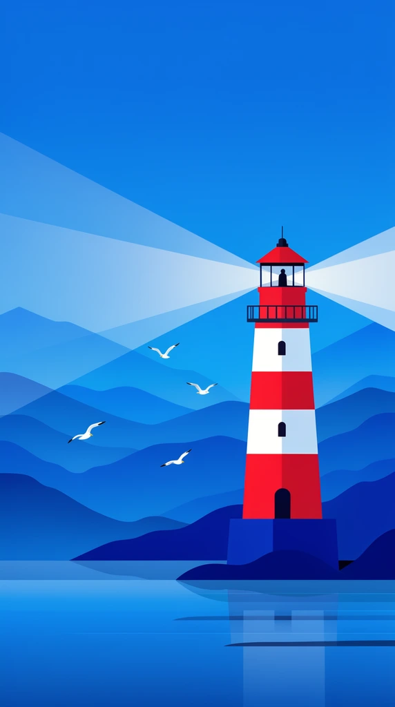 red and white striped lighthouse emitting geometric light rays, layered blue mountains, calm water, flying white seagulls, minimalist vector illustration, monochromatic blue palette, flat design