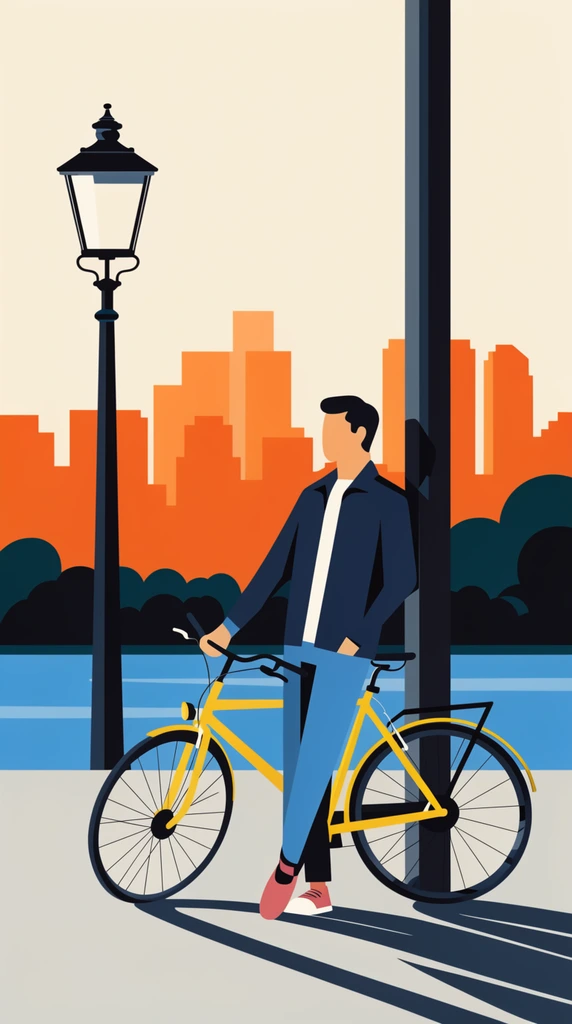 A flat minimalist vector illustration of a faceless man in a navy jacket leaning against a thick pole beside a yellow bicycle. Sharp elongated shadows fall across the light gray pavement near a classic black streetlamp. The background layers a horizontal band of blue water, dark stylized trees, and a geometric orange cityscape silhouette beneath a pale cream sky, utilizing clean shapes and a retro color palette.