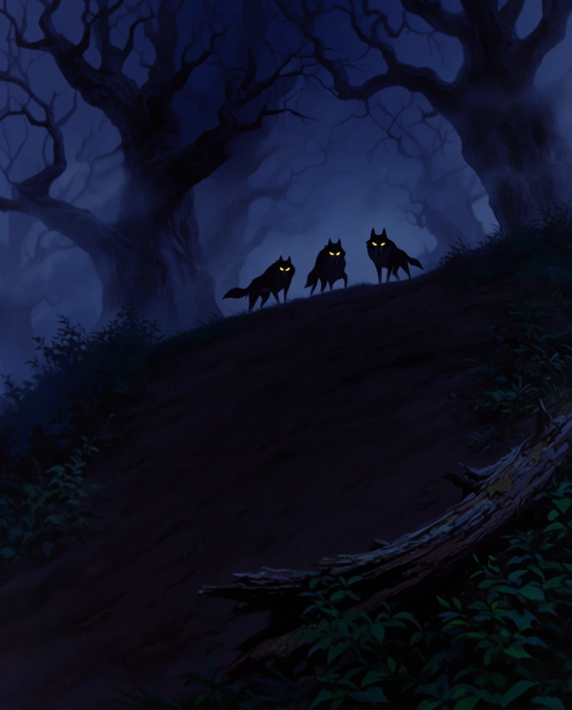 Three silhouetted wolves with glowing yellow eyes stand atop a steep ridge in a dark, fog-filled forest at night. Rendered in a traditional 2D animation painting style, the scene features a deep indigo color palette. Massive, gnarled, bare trees fade into heavy atmospheric haze. A shadowed dirt slope dominates the foreground, bordered by dark foliage and a decaying fallen log under low-key, ominous lighting.