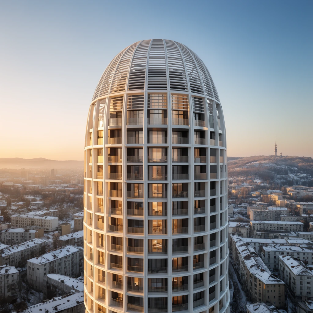 modern cylindrical high-rise building with a white grid-like exoskeleton facade and domed slatted roof, recessed balconies, warm illuminated windows, elevated aerial view of a winter city with snow-dusted rooftops, distant rolling hills featuring a communications tower, golden hour lighting, clear gradient sky from warm amber to soft blue, bright sunlight casting deep shadows on the curved architecture, photorealistic architectural rendering