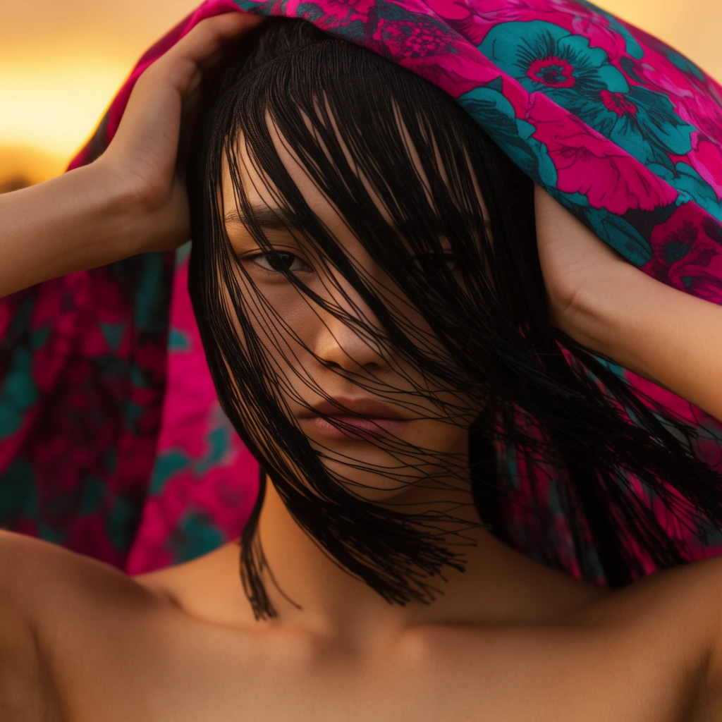 close-up portrait of a bare-chested model, intense gaze partially obscured by black stringy fringe blowing across the face, hands raised holding a vibrant magenta and teal floral fabric draped over the head, warm golden hour lighting, smooth skin, blurred sunset background, shallow depth of field, fashion editorial style