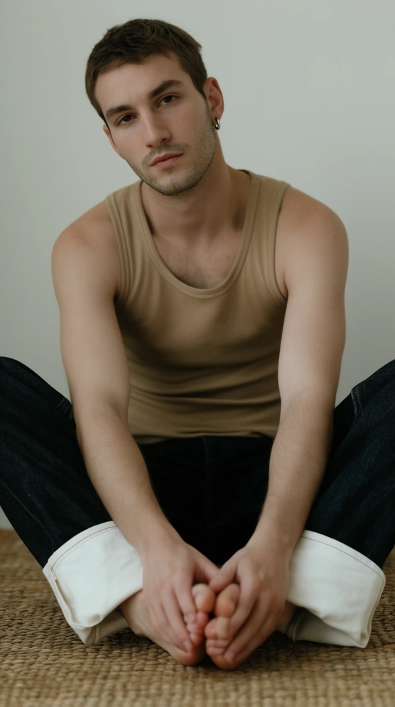 A young man with short brown hair sits cross-legged on a woven mat against a plain off-white wall. He wears a fitted tan tank top and dark jeans with oversized white rolled cuffs. Leaning forward, he clasps his hands over his bare feet, gazing directly at the lens. Soft, diffused natural lighting highlights his light stubble and silver hoop earring in this muted, minimalist portrait with a shallow depth of field.