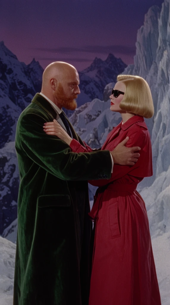 bald man with a ginger beard in a heavy green velvet overcoat, facing a blonde woman with a sleek bob haircut in a vibrant crimson trench coat and dark sunglasses, gripping shoulders, snow-covered mountain peak setting, jagged icy cliffs, deep purple twilight sky, cinematic medium profile shot, 1950s Technicolor film aesthetic, dramatic rim lighting, visible film grain, rich saturated colors
