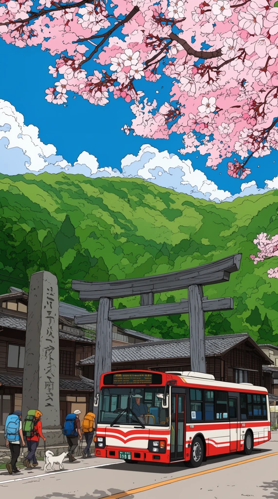 anime style illustration of a rural street, red and white transit bus driving past traditional wooden buildings with tiled roofs, hikers and a small white dog walking along the roadside, towering grey wooden torii gate, tall stone stele, lush green mountain background, bright blue sky with fluffy clouds, overhanging pink cherry blossom branches, crisp line art, flat vivid colors