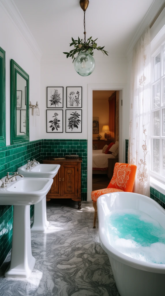 A sunlit interior bathroom featuring deep emerald green tile wainscoting, stark white upper walls, and swirling grey marble flooring. Two white pedestal sinks with silver hardware stand beneath a green-framed mirror. Centered is a wood cabinet below three black-and-white botanical prints and a whimsical leafy-topped glass pendant light. A freestanding bathtub filled with bubbly turquoise water rests beside a large window with sheer embroidered curtains. A vibrant orange patterned chair provides contrast, and an open doorway reveals a warm bedroom space in the background.