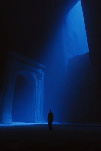 Monolithic Cyan Void style reference image — chiaroscuro lighting