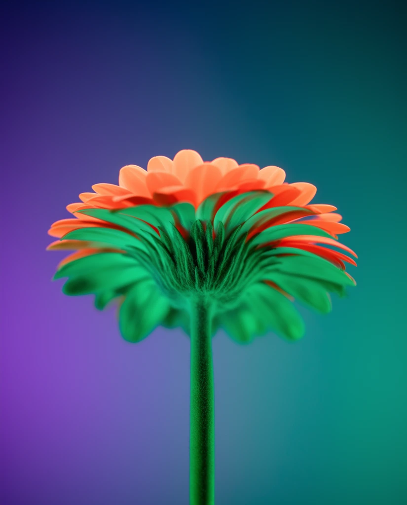 A single gerbera daisy viewed from a low angle against a smooth gradient background. Centered in a minimalist composition, the flower's underside and straight vertical stem are showcased in striking neon gel lighting. The upper layers of the petals glow with an intense, warm coral orange, starkly contrasting with the vibrant emerald green light bathing the downward-facing petals, sepal, and stem. The seamless studio backdrop transitions from deep violet on the left to vibrant teal on the right and dark blue above. This macro photography relies on dramatic dual-tone illumination to give the organic flora a surreal, artificial aesthetic.