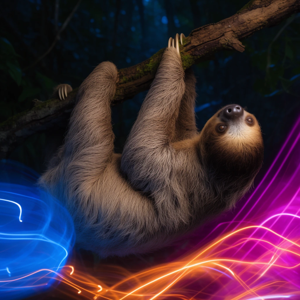 sloth hanging upside down, sweeping long exposure light trails in neon blue orange and magenta, softly illuminated fur, dark forest branch
