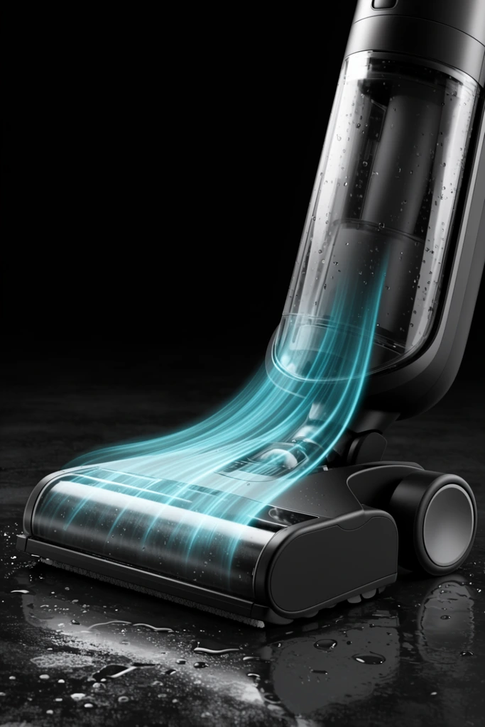 A matte black floor cleaner head rests on a wet, reflective dark surface. A glowing, stylized translucent cyan airflow sweeps diagonally from the vertical transparent canister's base. The device features prominent cylindrical wheels. A pitch-black studio background and high-contrast dramatic lighting emphasize scattered water droplets and sleek appliance contours in a high-end commercial product render style.