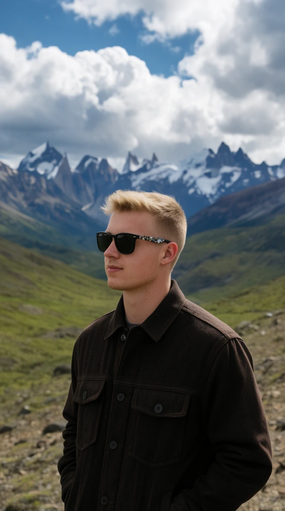 waist-up portrait of a young Caucasian man in a rugged landscape, looking off-camera, short blonde hair, dark sunglasses with patterned temples, dark brown button-up jacket, hands in pockets, shallow depth of field, sweeping valley with green hills, distant jagged snow-capped mountain peaks, dramatic blue sky with voluminous white clouds, natural daylight, outdoor travel photography