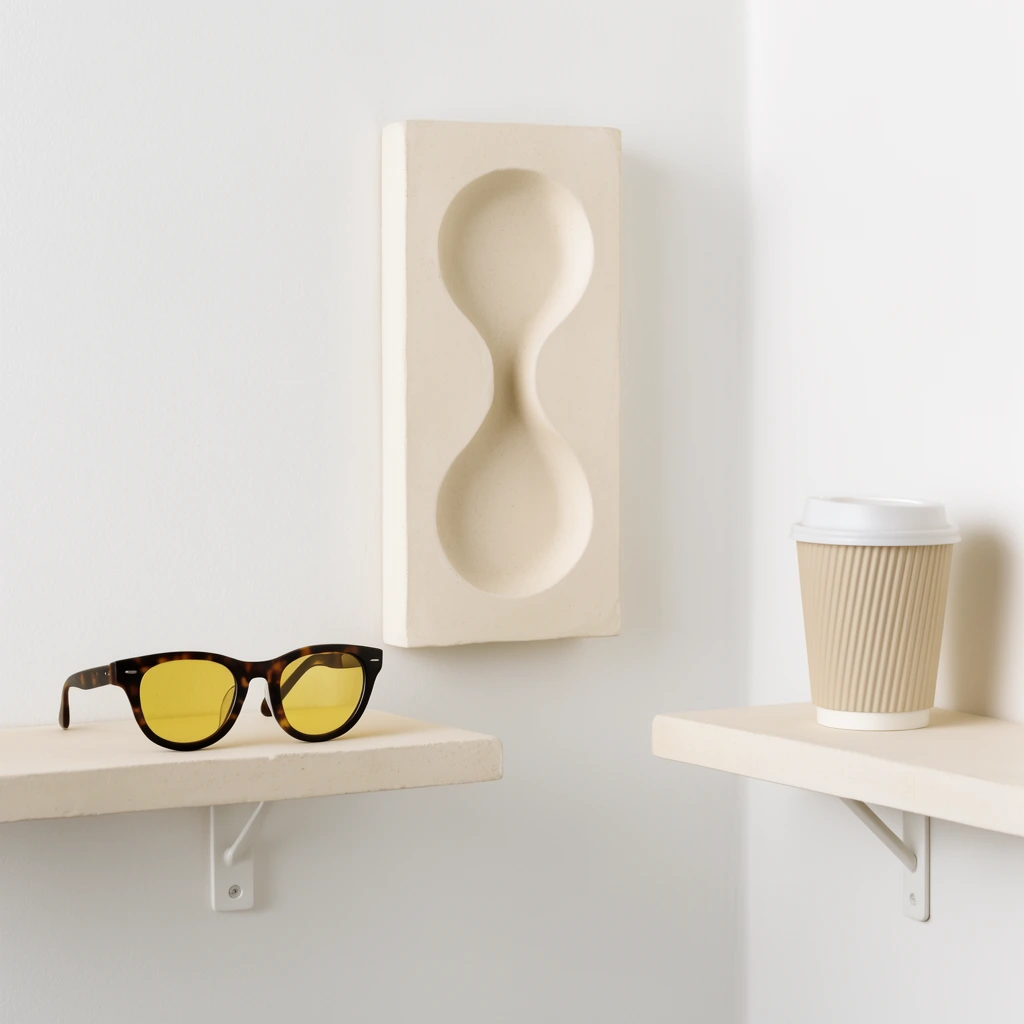 three cream-colored plaster shelves in a stark white corner, dark tortoiseshell sunglasses with yellow lenses on the left shelf, ribbed beige paper coffee cup with white lid on the right shelf, vertical wall fixture with a recessed abstract double-lobed shape, exposed white support brackets, minimalist still life, soft diffused studio lighting, neutral tone-on-tone color palette, clean geometric composition