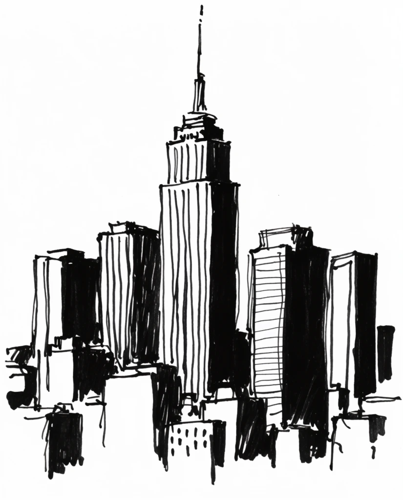 A stark black ink sketch of a city skyline on a plain white background. Blocky rectangular skyscrapers feature loose linework, vertical striped facades, and heavy solid black shading on their right sides. A central tower is topped with a slender spire in this high-contrast architectural doodle.
