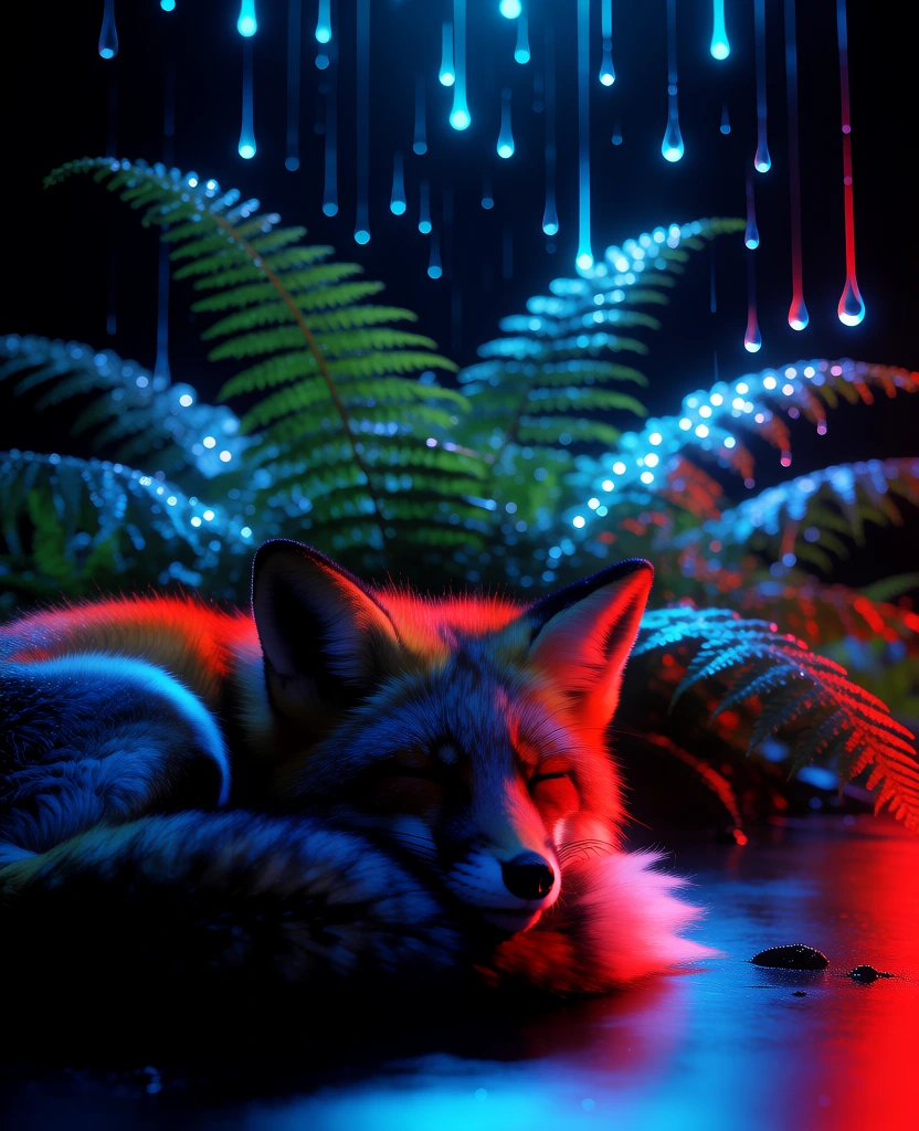 cinematic macro shot, curled sleeping fox in the immediate foreground, sharp saturated crimson rim lighting tracing the silhouette of fur, deep midnight blue shadows, background of lush fern fronds with luminous raindrops, vertical streaks of cool cyan light mimicking stage curtains, shallow depth of field, high-contrast chiaroscuro, moody neo-noir atmosphere, sleek reflective ground plane, intense color-blocking of electric blue and hot poppy red, sharp focus, 35mm film aesthetic.