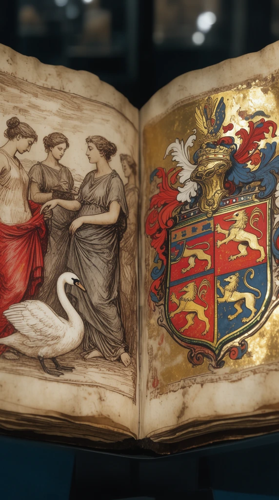 antique illuminated manuscript, open book diptych, sepia ink drawing of classical figures on left, vibrant heraldic coat of arms on right, female figures in draped red and grey robes, white swan, gold leaf, aged curled parchment, dark background, museum lighting