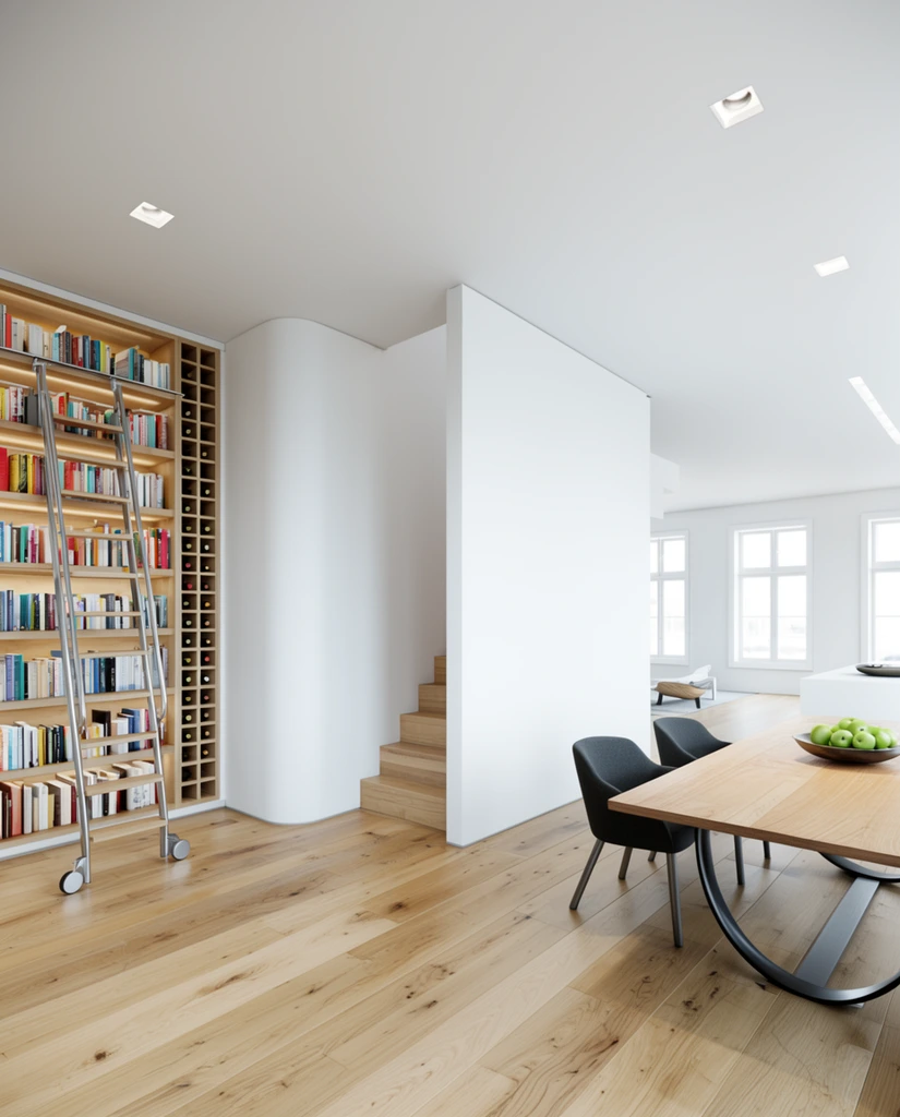 modern minimalist open interior, recessed light wood bookshelf filled with vibrant books, polished metal rolling library ladder, wooden wine rack, smooth white walls with curved corners, white partition concealing a wooden staircase, wide-plank light oak flooring, wooden dining table with curved black metal legs, dark grey upholstered chairs, bowl of green apples, recessed square ceiling lights, bright daylight, distant windows, clean lines, high-key lighting, wide-angle perspective