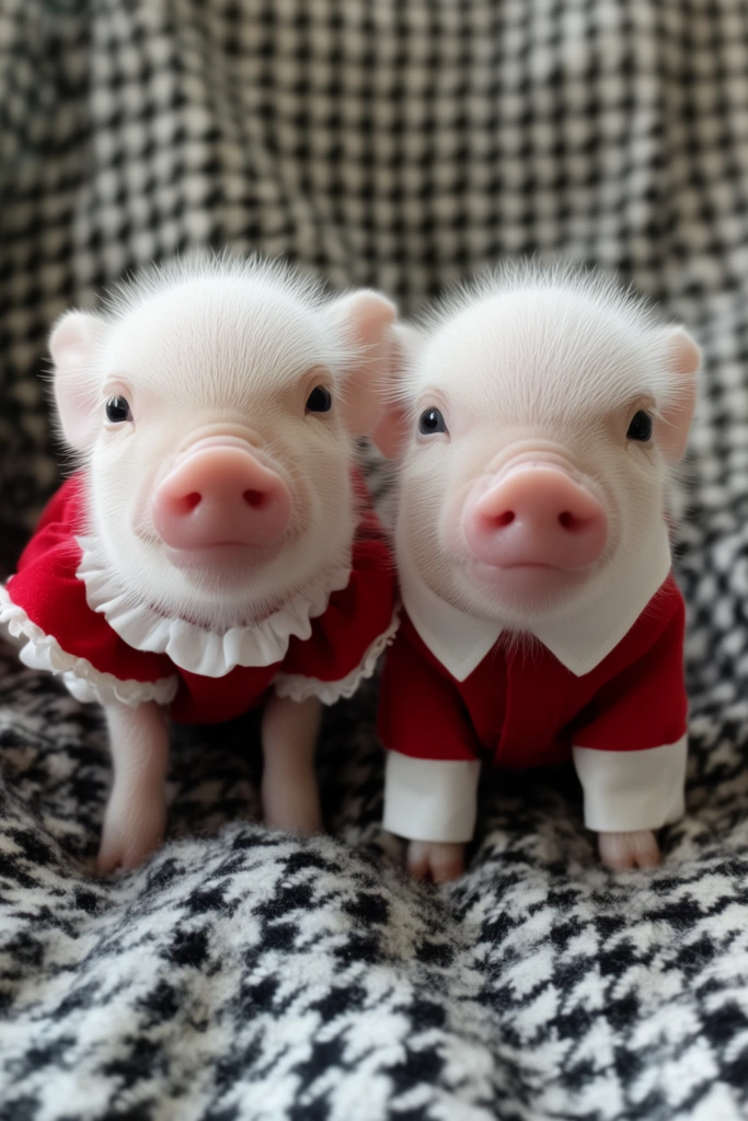 Two tiny white piglets in miniature red and white garments stand side-by-side on a soft, black and white houndstooth blanket. The left piglet wears a red dress with white ruffled trim, while the right piglet sports a red shirt with white cuffs and a high collar. Both have prominent pink snouts, dark eyes, and fine white bristles. The close-up composition features soft natural lighting and a shallow depth of field, blurring the textured fabric in the background to emphasize the delicate details of the animals and their tailored costumes.