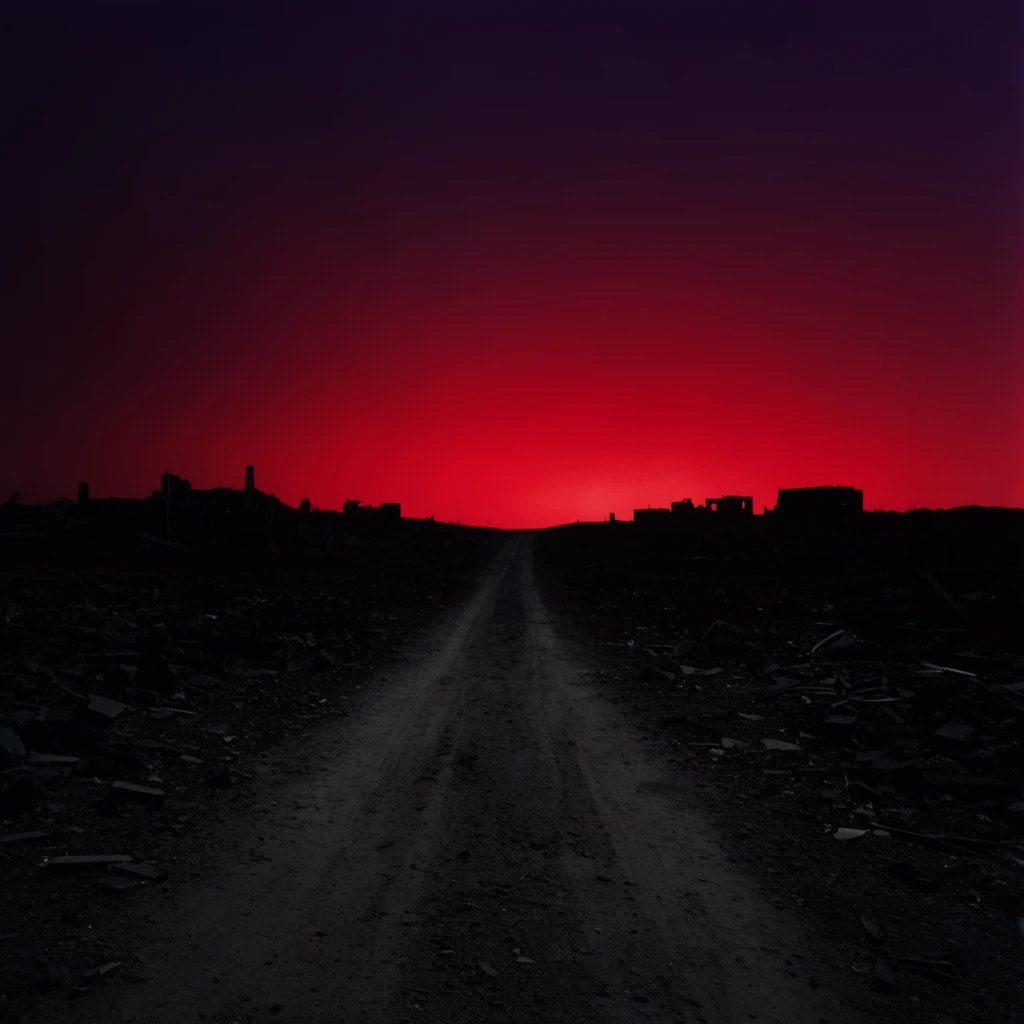 A desolate dirt road leads through a pitch-black, debris-strewn landscape. Silhouetted ruins sit on a low horizon against an intense, glowing red sky fading into deep purple. Cinematic and high contrast.