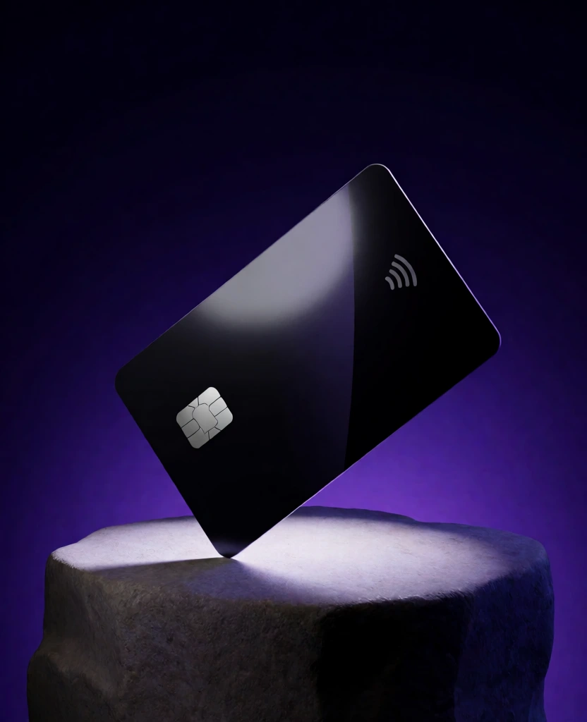 glossy black credit card standing dynamically on its short edge on a rough stone pedestal, 3/4 view, dramatic spotlight from above, deep shadows and strong highlights, ultra realistic, dark purple gradient background, cinematic product render