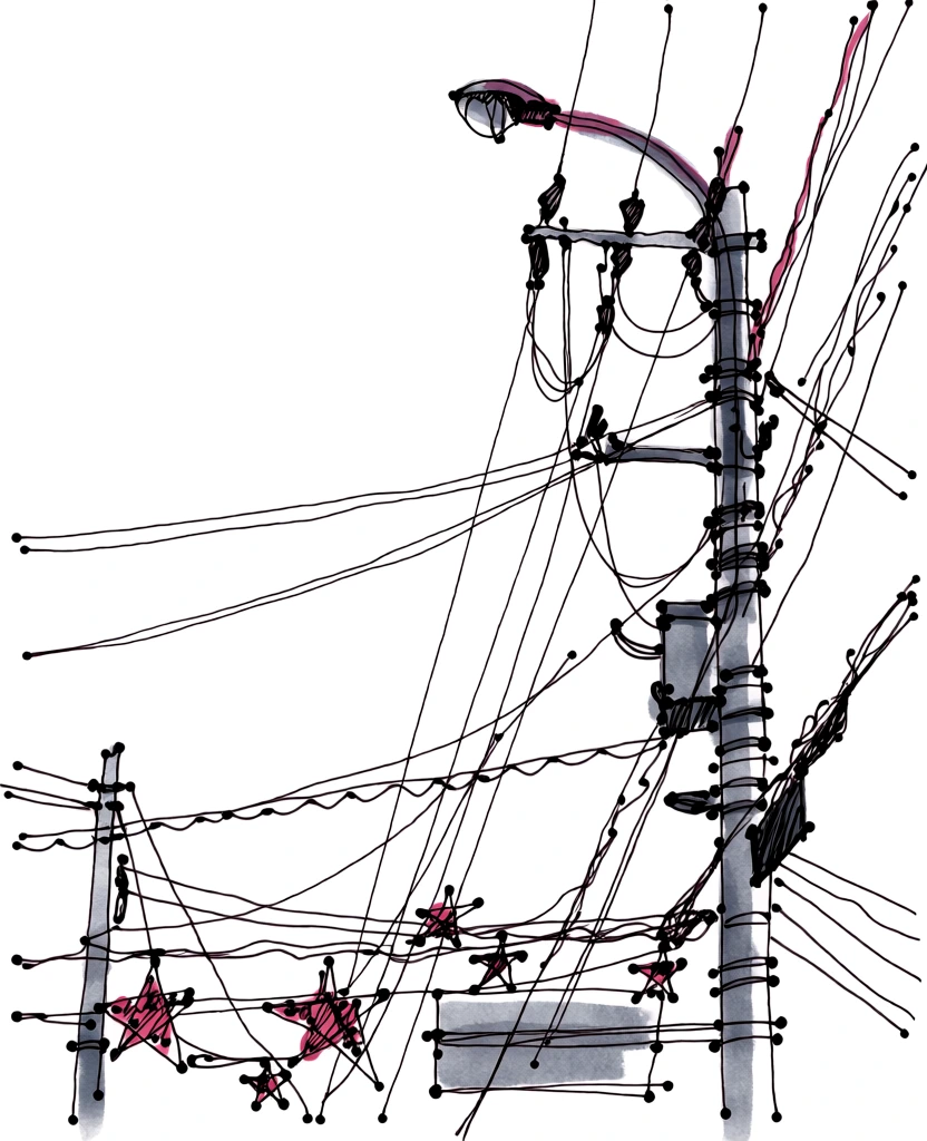 A sketch-style illustration captures a vertical utility pole cluttered with a dense network of electrical wires against a stark white background. The main utility pole stands on the right side of the frame, constructed with a segmented, vertical design and topped with a curved street lamp that has a hint of reddish-purple coloring. A chaotic array of thin black lines representing wires crisscrosses the composition in various directions, some stretched taut and others drooping in loops. Towards the bottom, several five-pointed star shapes are attached to the lower wires, colored with a messy, reddish-pink hue. To the left, a smaller, secondary pole is partially visible, connected to the main network by several horizontal lines. The drawing style is gestural and loose, utilizing dark ink or fine-liner for the outlines and structural details, with grey watercolor-like washes providing shaded depth on the poles and a rectangular sign-like shape near the bottom center. The perspective is from a low angle, looking upward into the tangle of wires, which creates a sense of urban complexity. The color palette is restricted to black, white, grey, and touches of dark pink, emphasizing the graphic nature of the sketch.