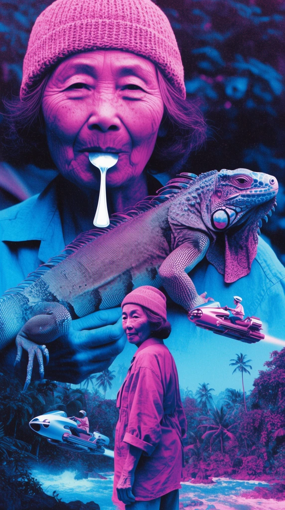 cyan and magenta duotone collage, older Asian woman holding a large iguana, close-up portrait of the woman in a knit beanie with a silver spoon in her mouth, full body shot of the woman looking over her shoulder, retro-futuristic hoverbikes in a tropical jungle, heavy film grain, layered mixed media composition, high contrast, editorial layout