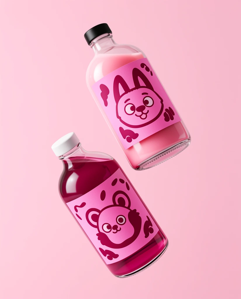 two floating glass bottles suspended diagonally against a solid pastel pink background, dynamic anti-gravity composition, bottom bottle containing deep magenta liquid with a white cap, top bottle containing opaque pink liquid with a black cap, pink labels featuring dark magenta cartoon animal illustrations, clean 3D product rendering, studio lighting, soft highlights, monochromatic pink color palette