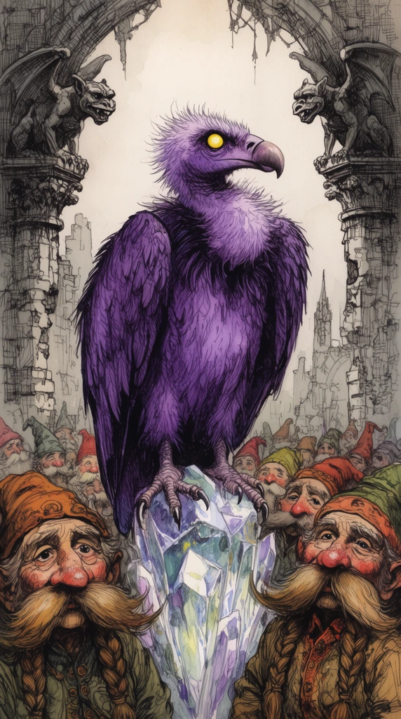 giant scruffy amethyst vulture with a glowing yellow eye on a crystal pedestal, crowd of wizened gnomes with enormous braided mustaches, ruined gothic archway background, perched gargoyles, intricate pen and ink drawing, watercolor wash, dense cross-hatching, whimsical storybook style