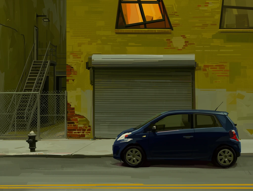 dark blue compact hatchback on an urban street, mustard yellow brick building, closed grey metal garage door, exposed brick patches, concrete sidewalk with a fire hydrant, grey asphalt road with double yellow line, chain-link fence and metal staircase alleyway to the left, crooked upper window emitting warm orange light, digital painting, blocky brushstrokes, muted olive and ochre color palette
