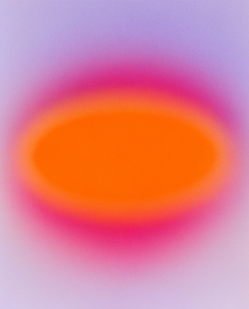 An abstract ethereal gradient composition featuring a vibrant, glowing orange elliptical core that smoothly diffuses into a saturated magenta halo. This bright center gently fades outward into a soft lavender and pale violet background. A prominent, uniform film grain texture covers the entire image, giving the seamless color transitions a tactile, stippled quality reminiscent of aura photography. The balanced, minimalist framing emphasizes warm, radiant energy through hazy, luminous color fields.