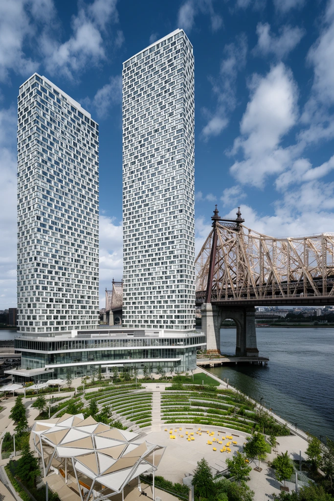 Two towering, modern white skyscrapers with dense repeating grid windows rise beside a massive steel suspension bridge spanning a wide river. The towers share a multi-story glass base overlooking a landscaped waterfront park. The plaza below features a curved terraced amphitheater lined with greenery, an angular geometric shade canopy, and scattered yellow seating. Captured from an elevated wide-angle perspective in bright daylight, the crisp architectural lines and intricate metal trusswork of the bridge contrast sharply against a vibrant blue sky dotted with fluffy white clouds.
