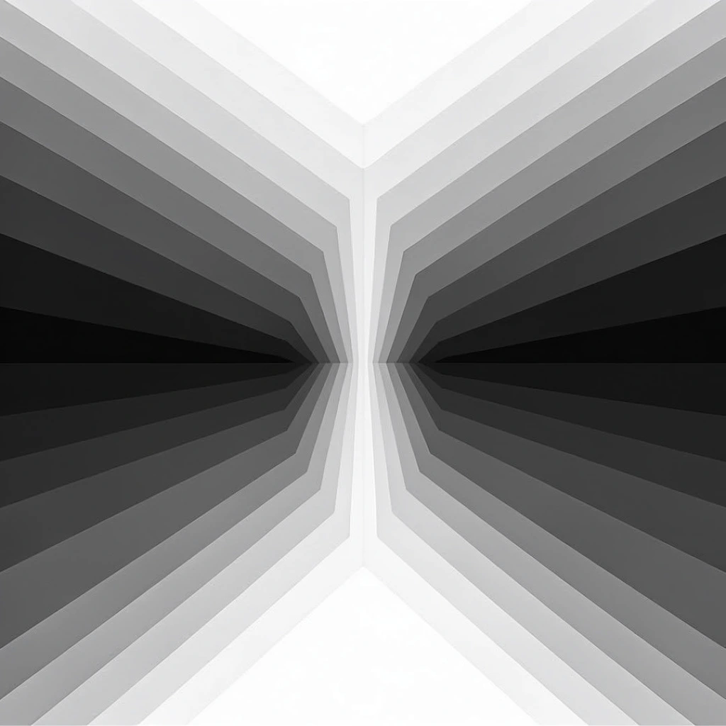 A monochromatic geometric abstract composition features stepped gradients of gray creating a powerful optical illusion of three-dimensional depth. Strictly symmetrical along a central vertical axis, radiating, angled bands fold inward to form a concave, faceted structure resembling recessed dual tunnels. The palette transitions smoothly from stark white at the top, bottom, and central spine, descending into deep charcoal and black at the sharp lateral midpoints. Hard-edged linear bands interlock with mathematical precision, forcing a perceptual shift between convex and concave volumes, enhanced by flat, precise rendering.