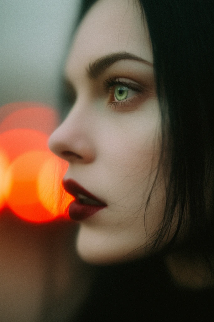 Extreme close-up profile portrait of a pale woman with dark hair and striking light green eyes looking off-camera. Her dark red lips are slightly parted as stray hairs fall across her cheek. The heavily blurred background features large glowing orange and red bokeh lights. The cinematic composition emphasizes a shallow depth of field, soft hazy evening lighting, and prominent film grain.